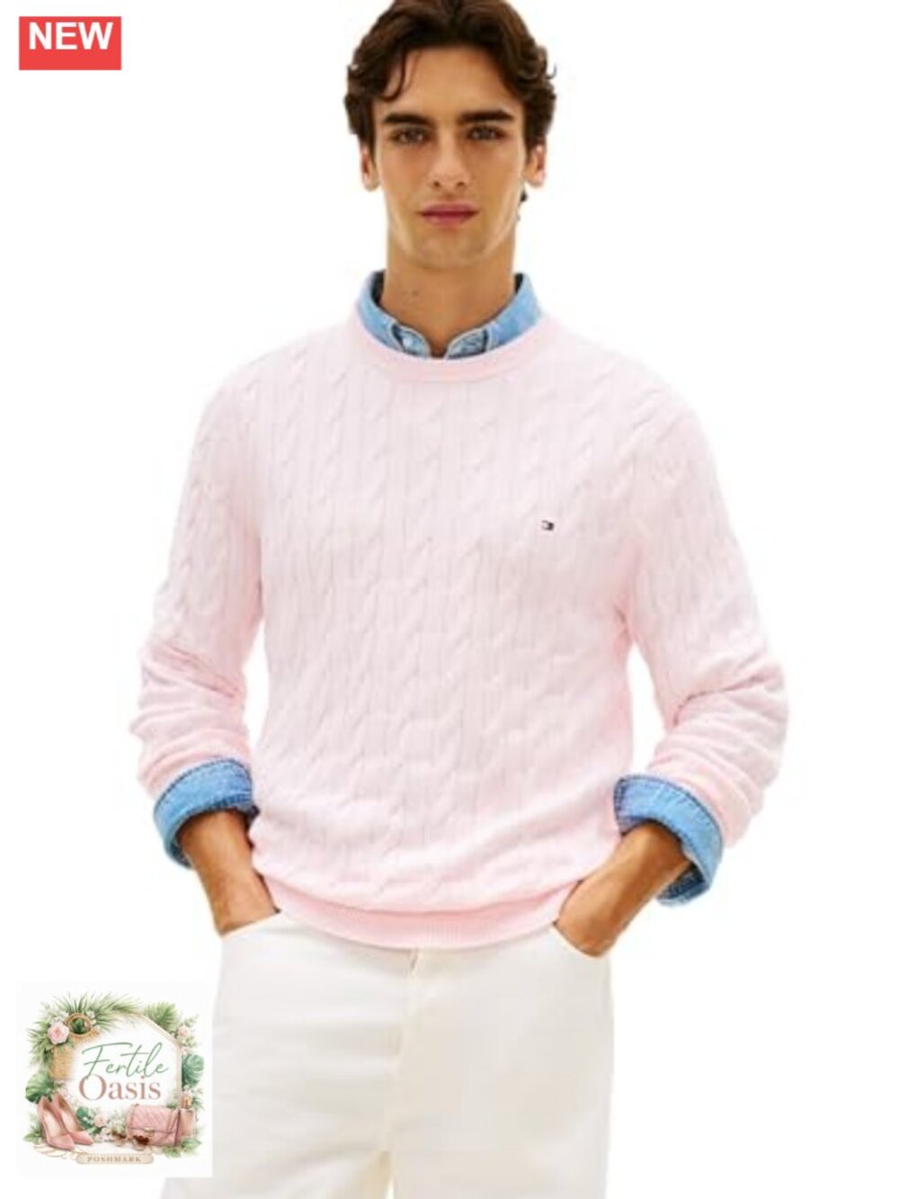 Men's Cotton Cable Knit Crewneck Sweater Pullover